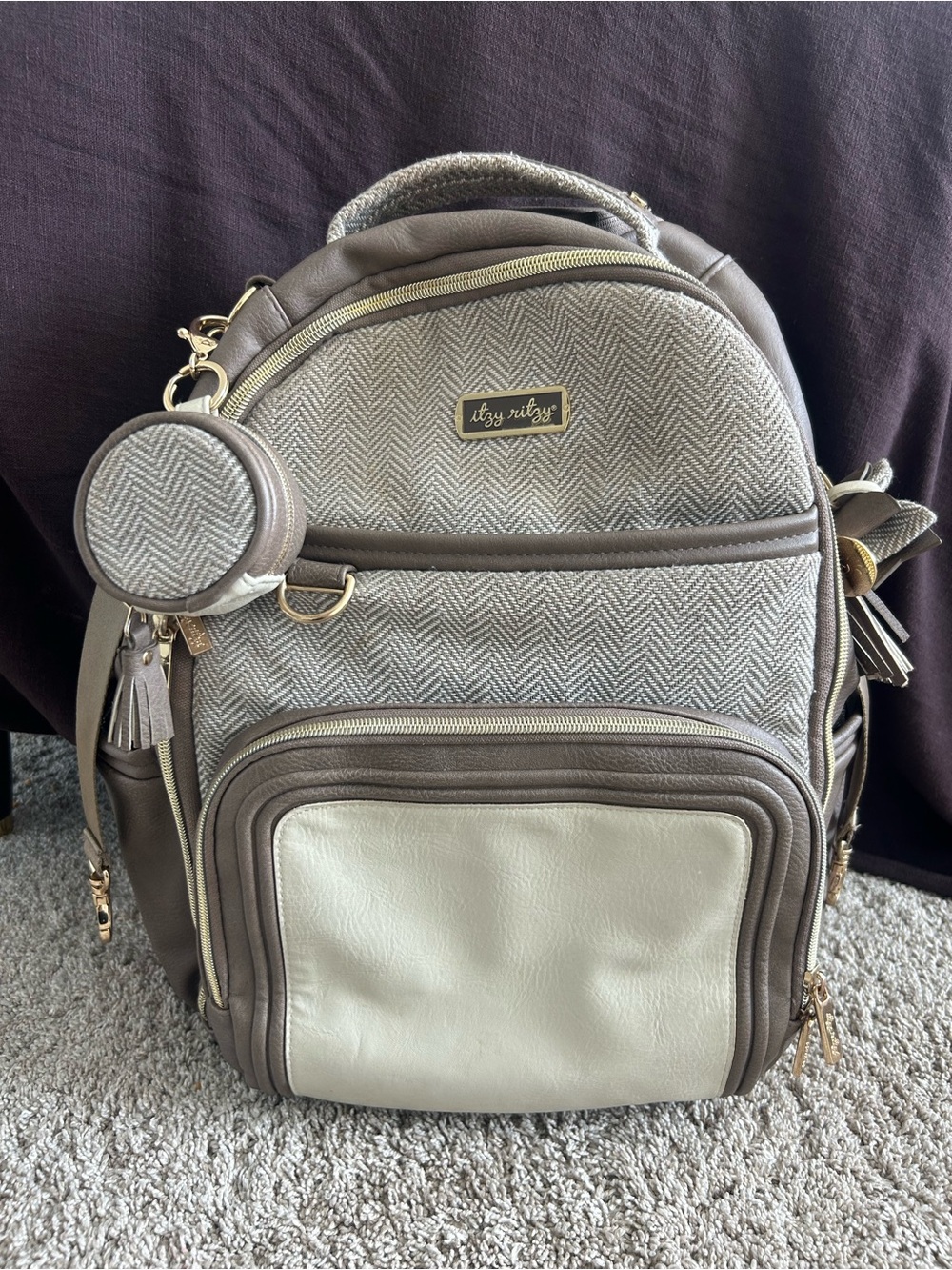 Itzy Ritzy Taupe & Cream Herringbone Diaper Backpack